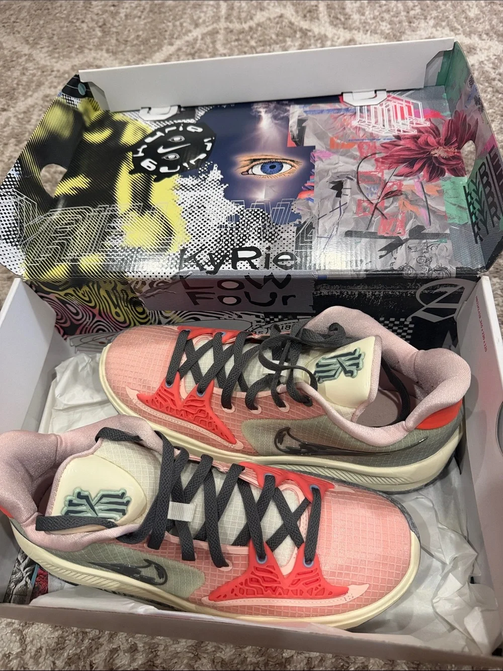 Nike Mens Kyrie Low 4’s - Coral Pink and Black Sneakers with Cream Accents